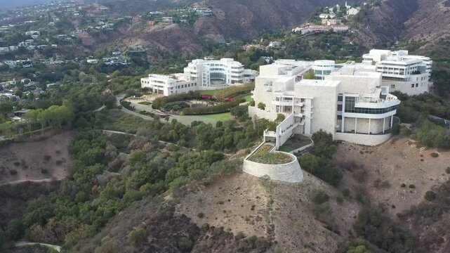 Aerial view of a hilltop art museum above Los Angeles