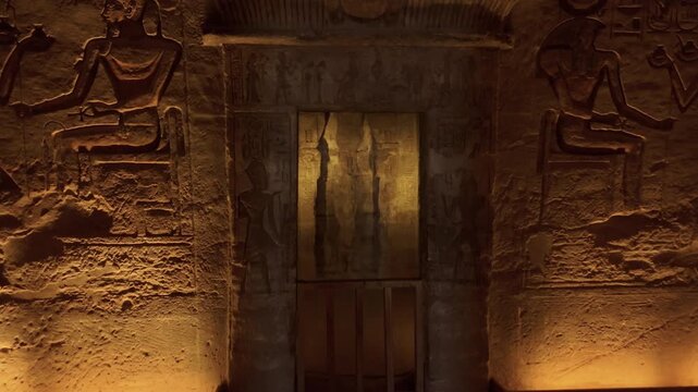 Ancient Egyptian Temple Interior with Hieroglyphics and Statues at Abu Simbel