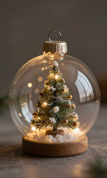 christmas tree nestled within glass bauble ornament surrounded warm bokeh effect dark neutral