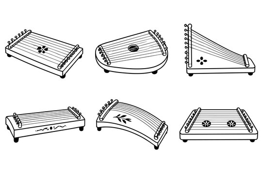 Zither-style string instruments with floral motifs in black line art