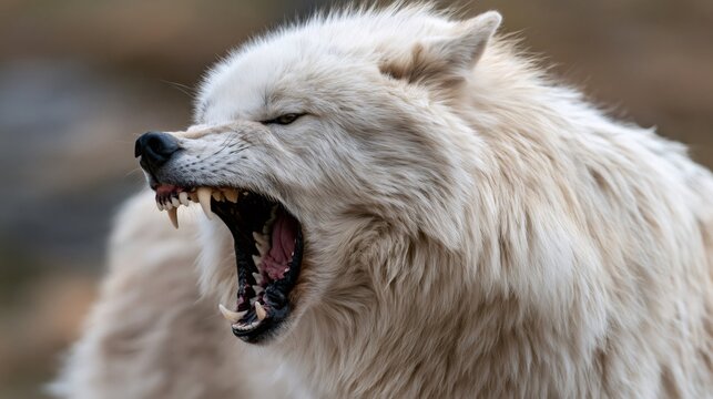 White wolf snarling with exposed fangs in close up portrait
