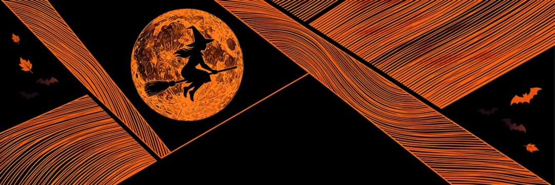 Wavy hand drawn pumpkin orange lines on black form a witch on a broomstick flying across a concentric line full moon with small bats and drifting leaves ,Halloween web banner
