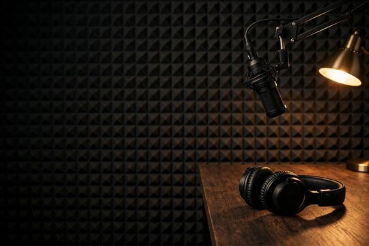 Podcast studio microphone on a boom arm with headphones on a desk and acoustic foam wall