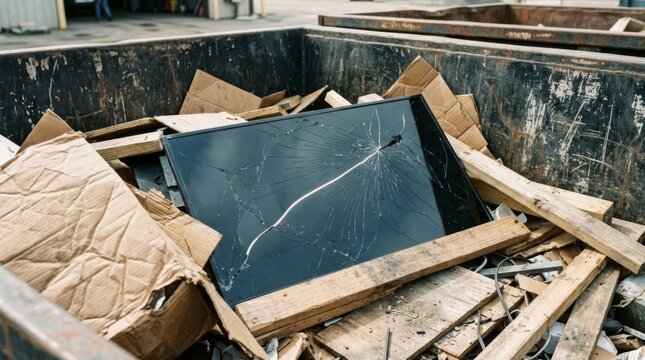 Broken flat screen television with shattered glass display discarded in an industrial dumpster surrounded by cardboard and wooden debris for waste management and recycling concepts