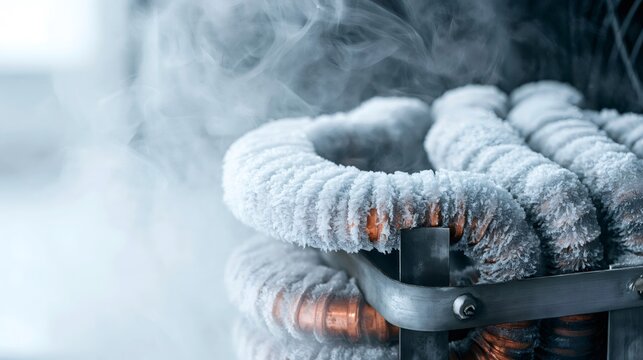 Frost covered copper pipe coil releasing vapor in an industrial cooling system