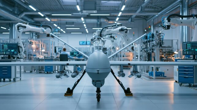 Military surveillance drone in robotic aerospace manufacturing facility