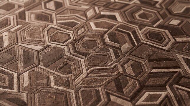 Close up carved hexagon wood parquet pattern on floor