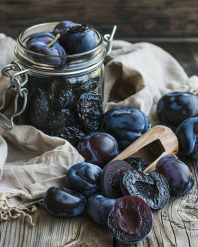Rustic food photography of dried plums and fresh plums, prunes spilling from a glass jar