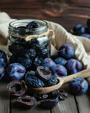 Rustic food photography of dried plums and fresh plums, prunes spilling from a glass jar
