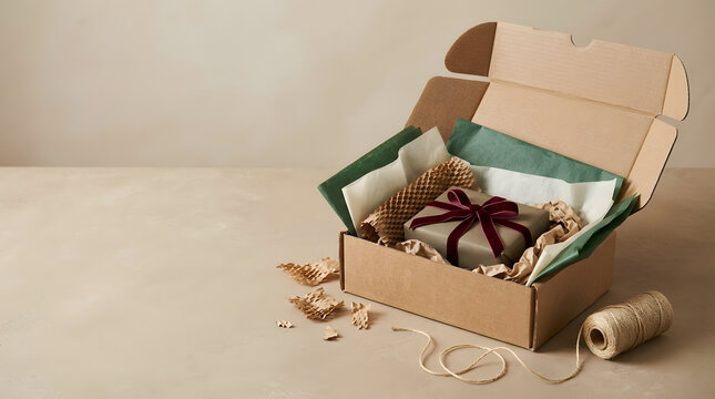 Sustainable gift packaging in cardboard box, eco friendly parcel with velvet ribbon and tissue paper, small business shipping concept