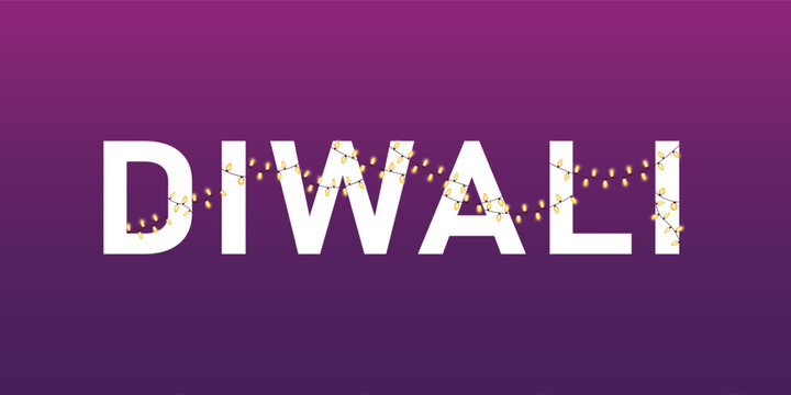 Happy Diwali vector text banner wrapped with festive light string