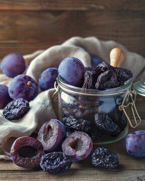 Rustic food photography of dried plums and fresh plums, prunes spilling from a glass jar