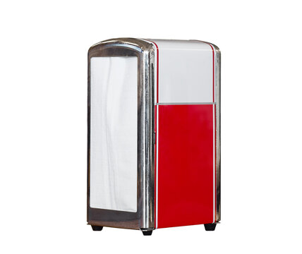Vintage style chrome and red metal table napkin holder filled with paper napkins isolated cutout on transparent