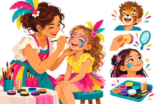 Illustrated face painter decorates a child with colorful designs beside playful examples