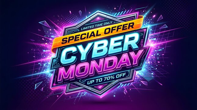 Cyber monday special offer badge in shield shape with metallic borders and gradient text against abstract technological grid background for retail marketing campaign.