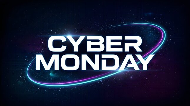 Cyber monday sale event, dark night sky with abstract glowing lines and stars, modern typography with bright neon lights and futuristic design elements.