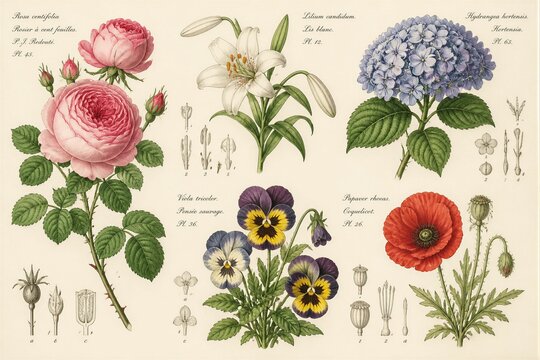 Botanical plate showing roses lilies hydrangea and pansies