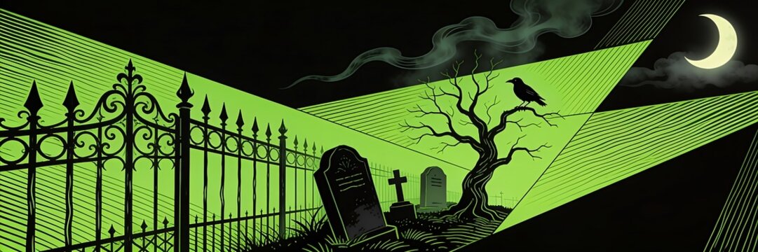 Wavy hand drawn lime green lines on black form a cemetery gate leaning tombstones a bare tree with a crow and a misty crescent moon in a Halloween scene ,Halloween web banner