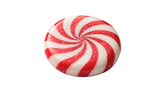 A classic round red white striped peppermint candy swirl isolated on transparent background