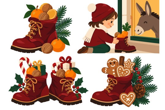Red winter boots filled with Christmas treats and gifts in a festive illustrated scene