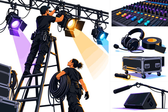 Illustrated stage crew installing concert lights beside audio gear and production equipment