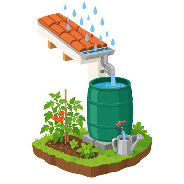 Illustration of rainwater harvesting from a tiled roof into a garden storage barrel
