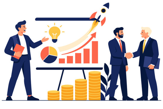Business growth illustration with rising charts, coin stacks, rocket launch, and handshake