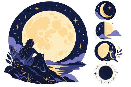 Dreamlike celestial illustration of a woman beneath a giant glowing moon and starry sky