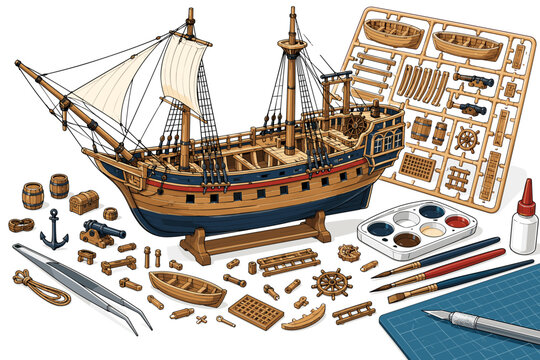 Illustrated wooden sailing ship model kit with miniature parts, tools, and assembly components
