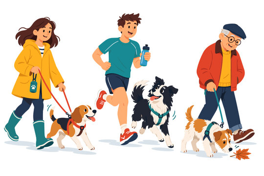 Colorful illustration of people walking dogs and jogging together on a white background