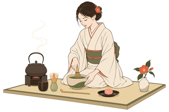 Illustrated Japanese tea ceremony with a woman whisking matcha in a traditional kimono