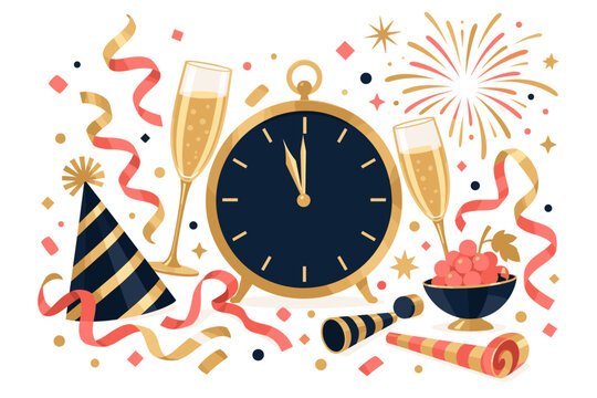 Festive New Year celebration with a midnight clock, champagne glasses, fireworks and party decor