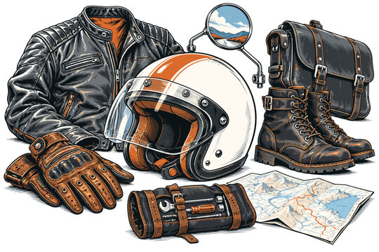 Illustrated motorcycle touring kit with leather jacket, helmet, boots, gloves and travel accessories