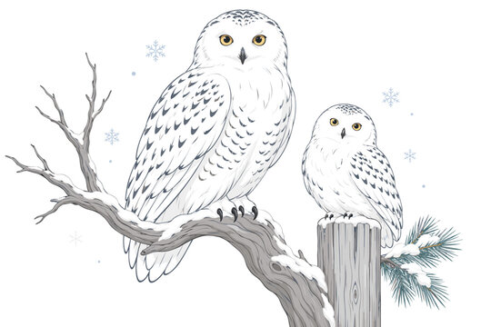 Illustrated snowy owls with golden eyes perched on a snow-covered branch in winter