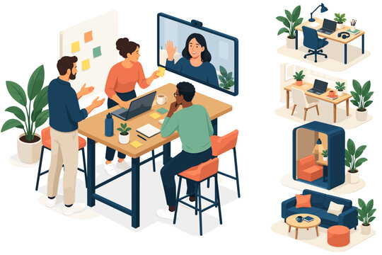 Illustrated coworkers collaborate around a table during a remote video conference in a modern office