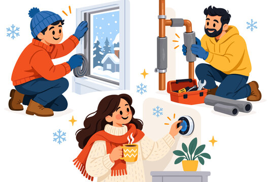 Illustrated winter home maintenance with window sealing, pipe insulation, and thermostat adjustment