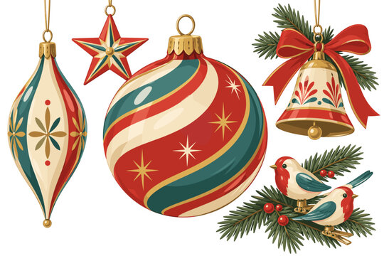 Colorful vintage Christmas ornaments, bell, star, and cardinal birds on evergreen branches