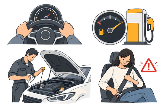 Illustrated car safety and maintenance guide with dashboard gauges, engine check, and seat belt use