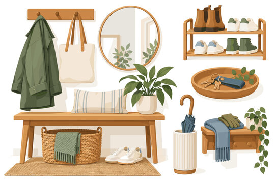 Warm illustrated entryway with coat hooks, shoe rack, bench, mirror, and woven storage