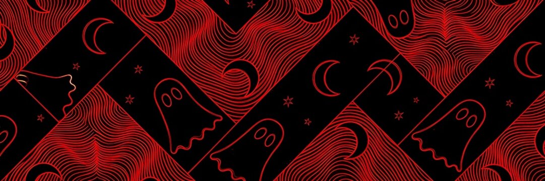 A seamless Halloween pattern of wavy hand drawn crimson lines on black forms angular panels with hidden ghost silhouettes crescent moons and tiny stars ,Halloween web banner