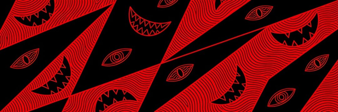 Hidden watching eyes and jagged grinning mouths appear within wavy hand drawn crimson lines on black in a seamless Halloween pattern of angular panels ,Halloween web banner