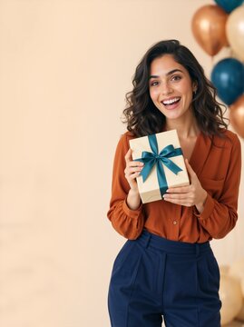 Vertical portrait of smiling woman holding a wrapped gift. Balloons and copy space for a celebration
