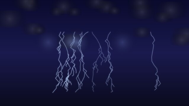Dark blue night sky background, with multiple bright, white lightning bolts, striking downwards and, faint glowing light, spots in the distance