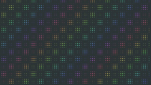 Dark gray background, with a grid, of small colorful, square dots, pixel, style pattern with, repeating rainbow colored, geometric layout