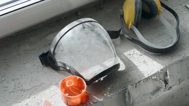 A protective mask and ear defenders rest on a concrete surface near a window. An orange flush-mounting box sits nearby, creating a functional workspace atmosphere.