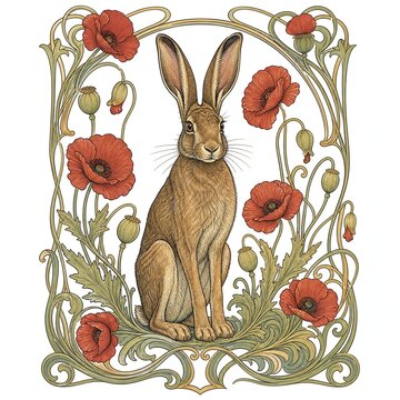 Art Nouveau Brown Hare Sitting Among Red Poppies Illustration