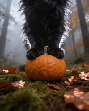 Close-up of a black cat sitting on a pumpkin with furry paws and sharp claws in a mysterious autumn forest for Halloween.