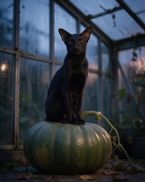 Elegant slender black cat sitting on a pumpkin in an old glass greenhouse at twilight, evoking a mysterious Halloween aura.