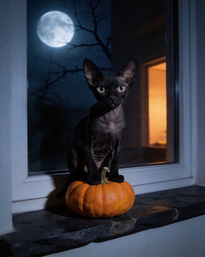 A hairless black cat sitting on a pumpkin on a windowsill with a glowing full moon outside, capturing spooky Halloween mysticism.