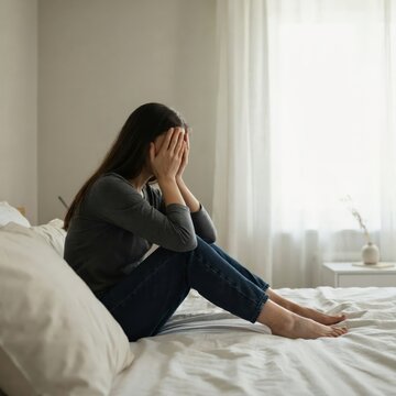 Sad and depressed young woman sitting on bed covering face with hands at home